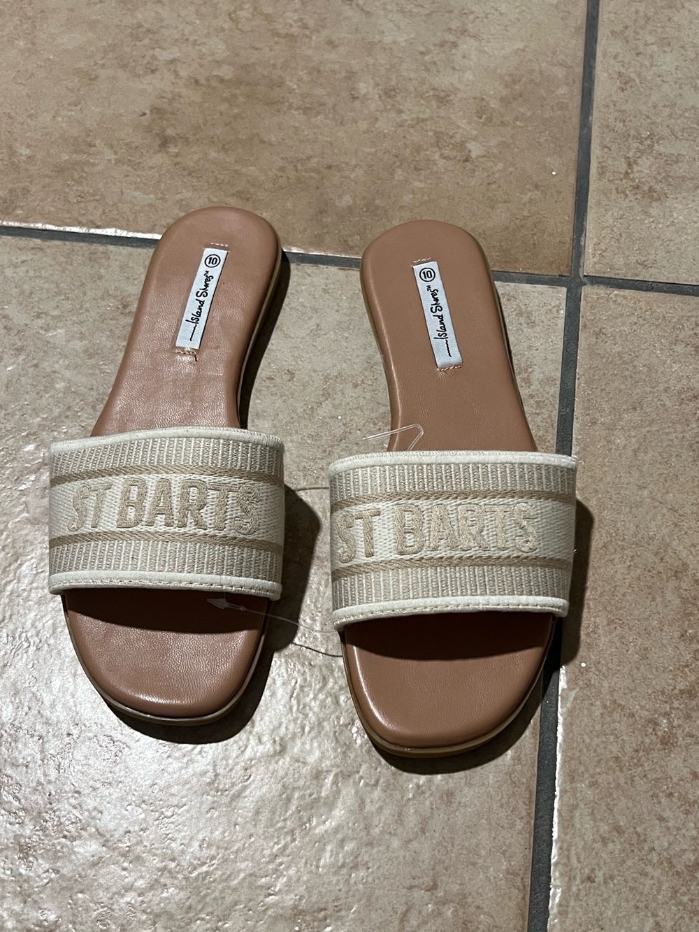St. Barts Embroidered Slide Sandals in Beige